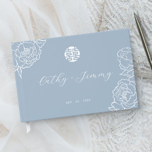 Livro De Visitas Casamento Dupla Felicidade Chinês Azul Empoeirado