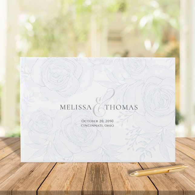 Livro De Visitas Casamento Elegante Blue Floral Boho Greenery Simpl (Elegant wedding guest book with blue floral calligraphy ampersand.)