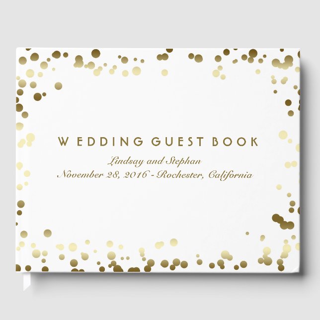 Livro De Visitas Casamento Elegante Branco de Confetti Dourado (Frente)