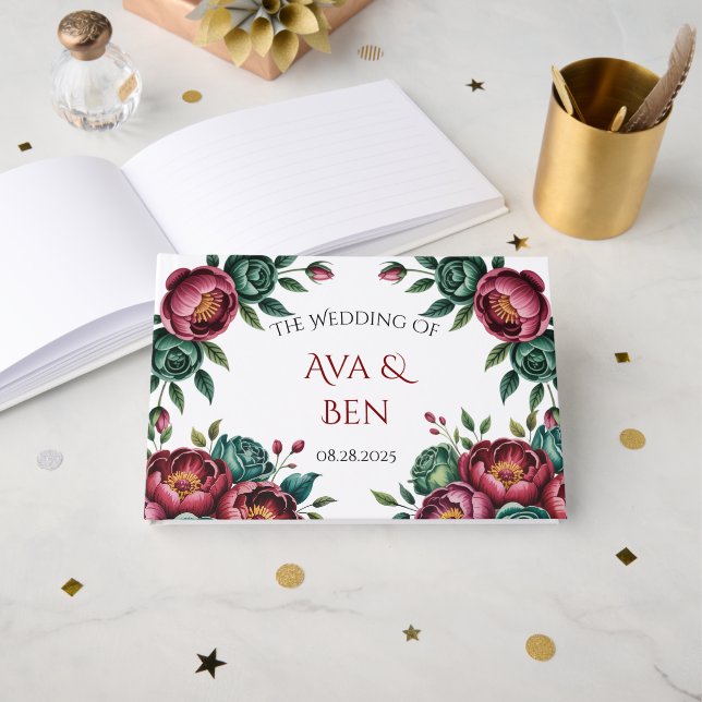 Livro De Visitas Casamento Elegante Burgundy e Emerald Peony (Frente aberta)