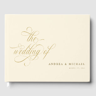 Livro De Visitas Casamento Elegante com Caligrafia em Creme e Doura