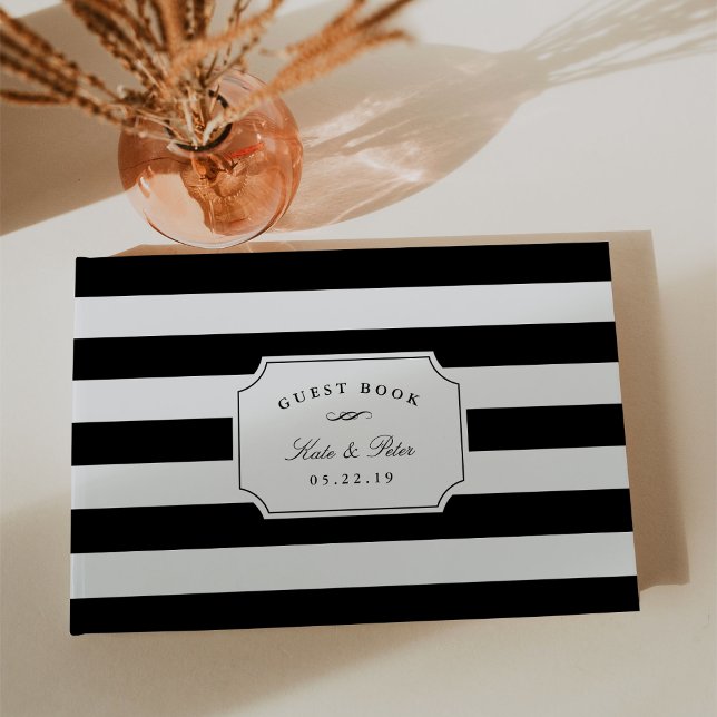 Livro De Visitas Casamento Elegante de Black & White Stripe (Criador carregado)