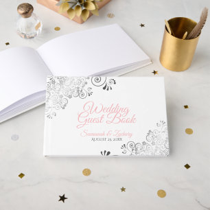 Livro De Visitas Casamento Elegante de Filigre Rosa e Cinza