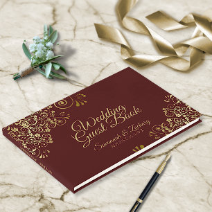 Livro De Visitas Casamento Elegante de Filigree Dourado e Borgonha