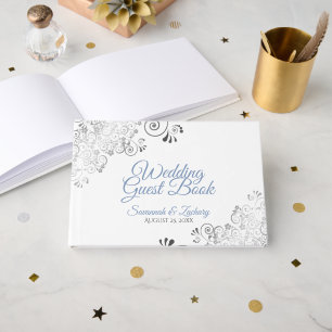 Livro De Visitas Casamento Elegante de Filigree Frily & Cinza Azul
