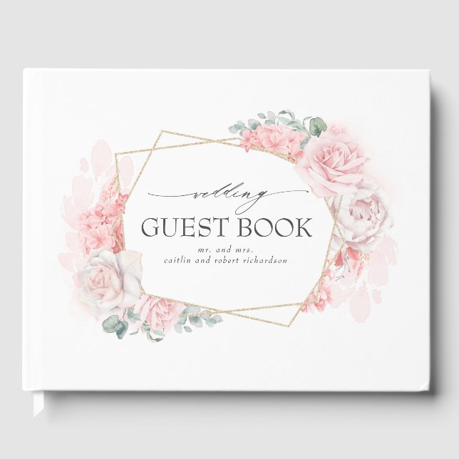 Livro De Visitas Casamento Elegante De Flores De Água Blush Rosa (Frente)