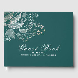 Livro De Visitas Casamento Elegante de Folhagem Dourada e Teal