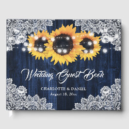 Livro De Visitas Casamento Elegante de Girassóis com Renda de Madei