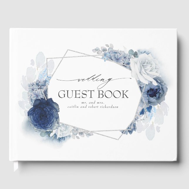 Livro De Visitas Casamento Elegante De Prata De Flores De Água Azul (Frente)