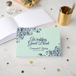 Livro De Visitas Casamento Elegante de rendas azuis da Casa Verde e