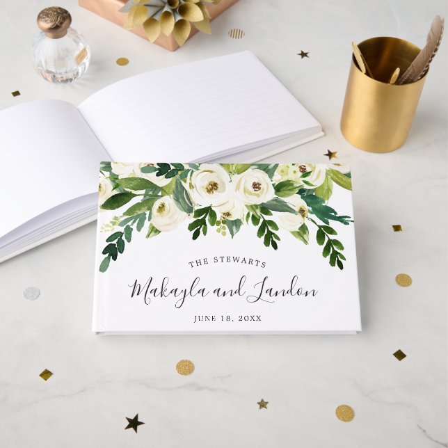 Livro De Visitas Casamento Elegante de Rosas Brancas Floral Greener (Frente aberta)