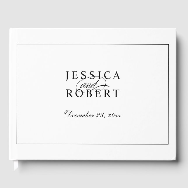 Livro De Visitas Casamento Elegante de Script Branco e Preto (Frente)