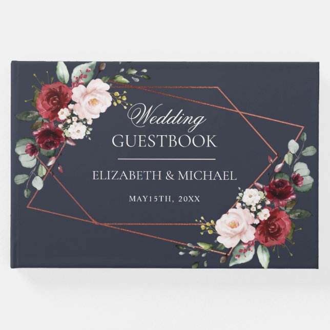 Livro De Visitas Casamento Elegante do Marinho Geométrico de Cobre (Frente)