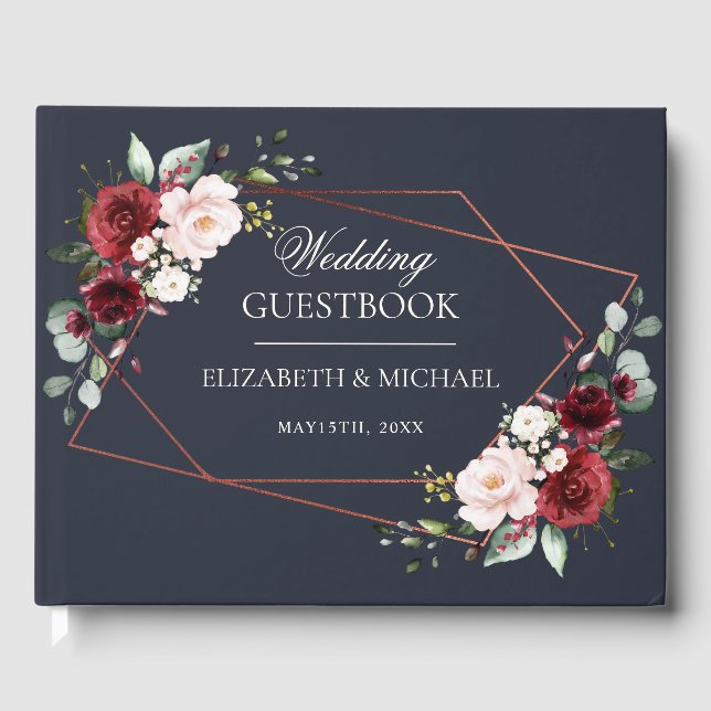 Livro De Visitas Casamento Elegante do Marinho Geométrico de Cobre (Frente)