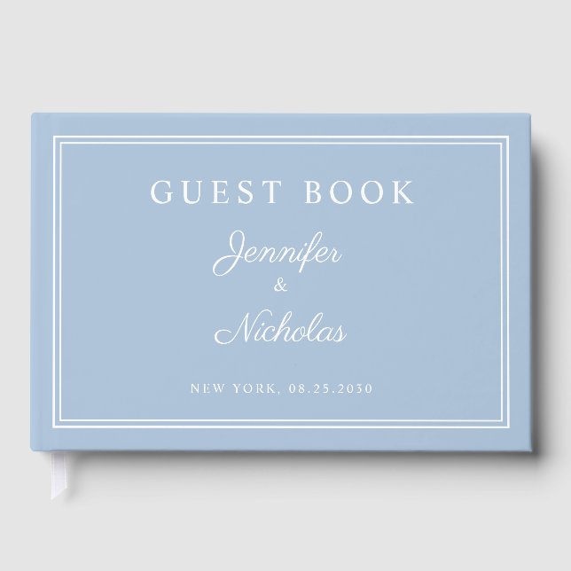 Livro De Visitas Casamento Elegante em Azul Pó Script (Frente)