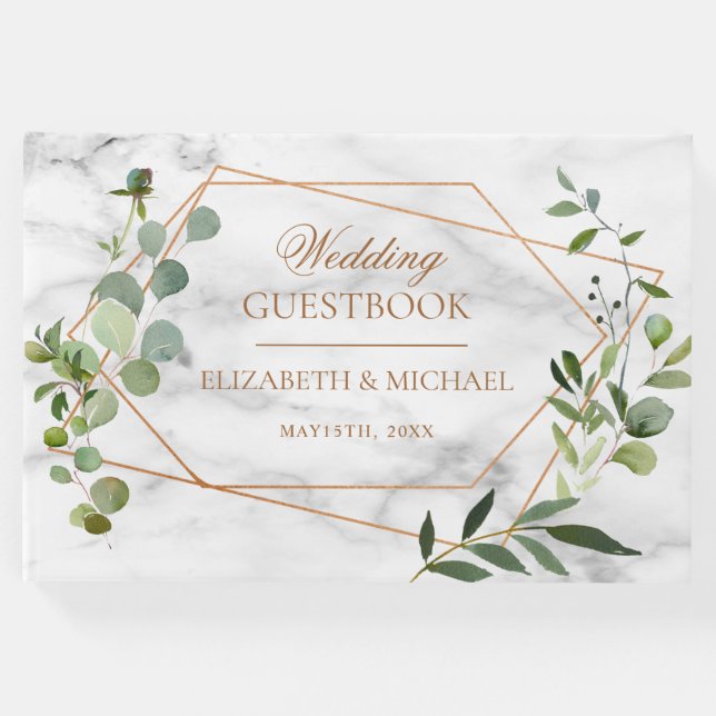 Livro De Visitas Casamento Elegante Eucalyptus Marble Geométrico de (Frente)