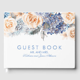 Livro De Visitas Casamento Elegante Floral Azul e Pessegueiro
