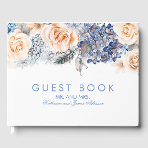 Livro De Visitas Casamento Elegante Floral Azul e Pessegueiro