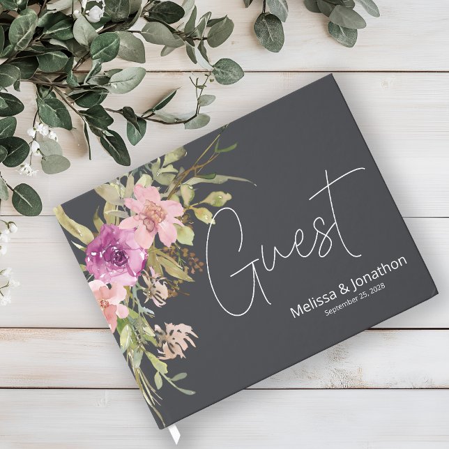 Livro De Visitas Casamento Elegante Floral Púrpura Dusty Pink (Criador carregado)