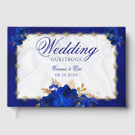 Livro De Visitas Casamento Elegante Floral Real Azul Dourado