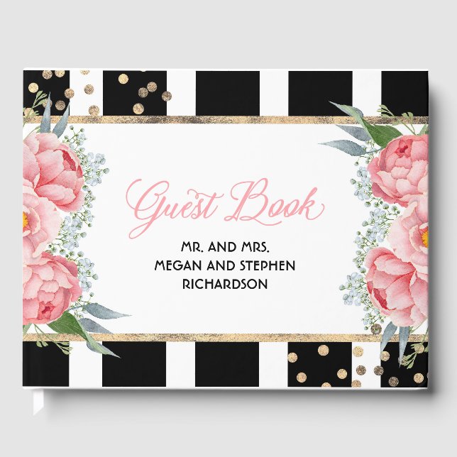 Livro De Visitas Casamento Elegante Floral, Rosa e Dourado (Frente)
