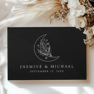 Livro De Visitas Casamento Elegante Lua e Estrelas Preto e Branco