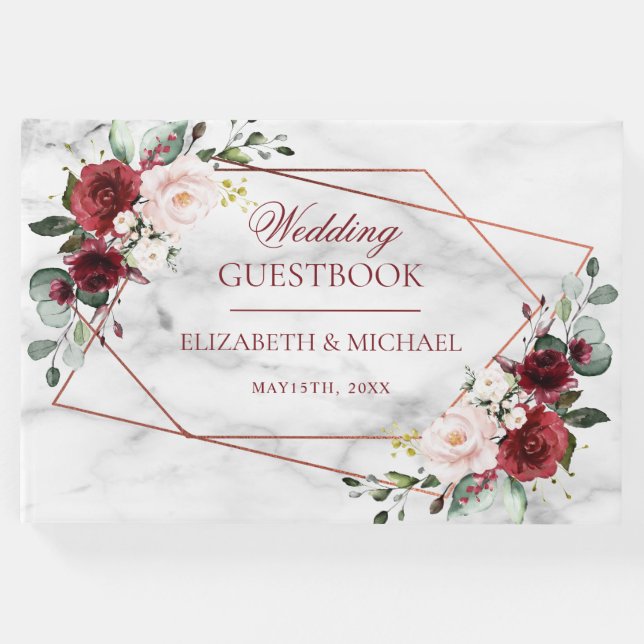 Livro De Visitas Casamento Elegante Marble Marble Geométrico de Cob (Frente)