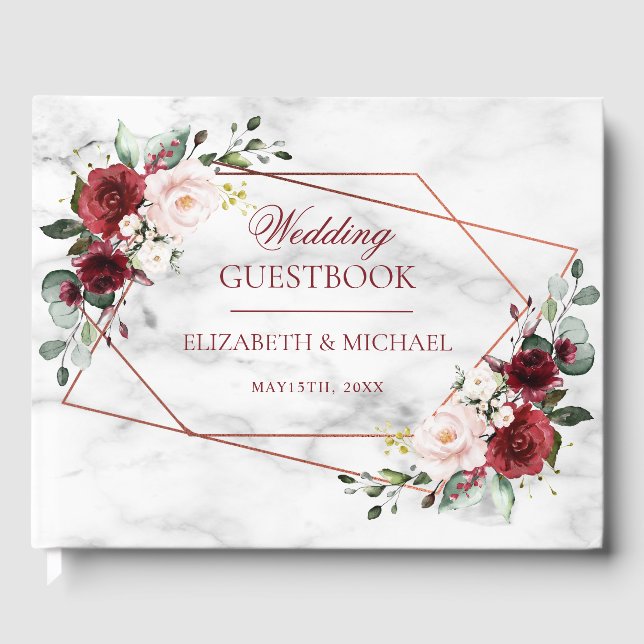 Livro De Visitas Casamento Elegante Marble Marble Geométrico de Cob (Frente)