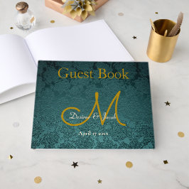 Livro De Visitas Casamento Elegante Monograma Preto Dourado Teal Es