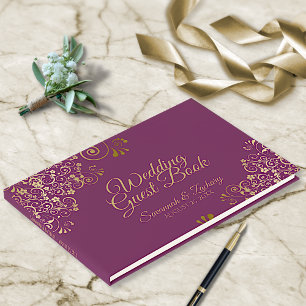 Livro De Visitas Casamento Elegante Roxo-Roxo de Amigos Dourados e 