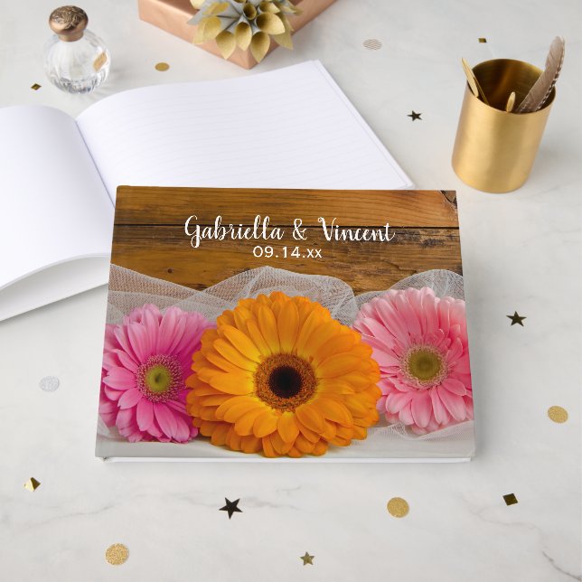 Livro De Visitas Casamento entre Rustic Daisy Trio e Barn Wood Coun (Frente aberta)