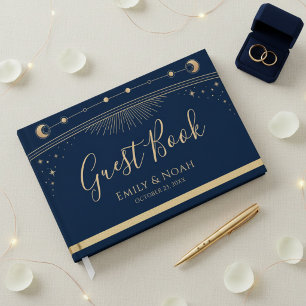 Livro De Visitas Casamento Estrelas Lua Sol Dourado Azul Celestial
