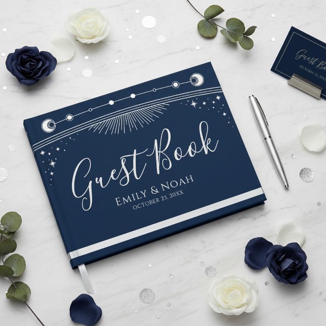 Livro De Visitas Casamento Estrelas Lua Sol Prata Azul Celestial (Criador carregado)