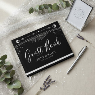 Livro De Visitas Casamento Estrelas Lua Sol Prata Preto Celestial