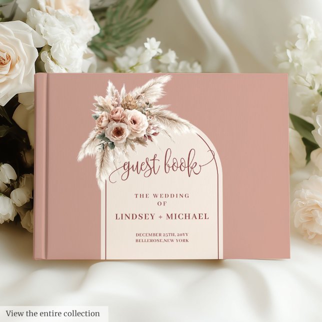 Livro De Visitas Casamento eterno Pampas Rosas Pink Boho Arch (Timeless Dusty Pink Pampas Roses Boho Arch Wedding Guest Book)