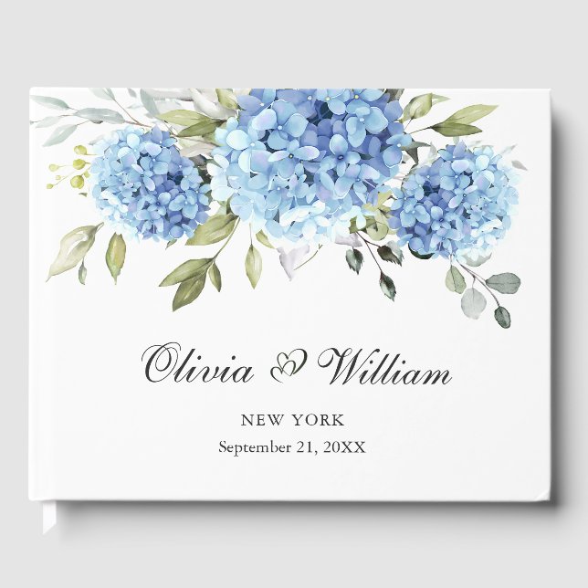 Livro De Visitas Casamento Eucalyptus com Hydrangea Azul Elegante (Frente)