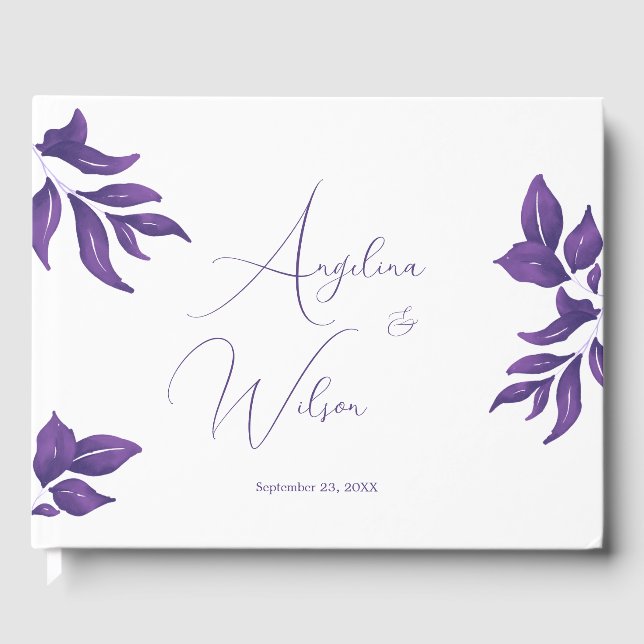 Livro De Visitas Casamento Eucalyptus Roxo Elegante Script Plum (Frente)