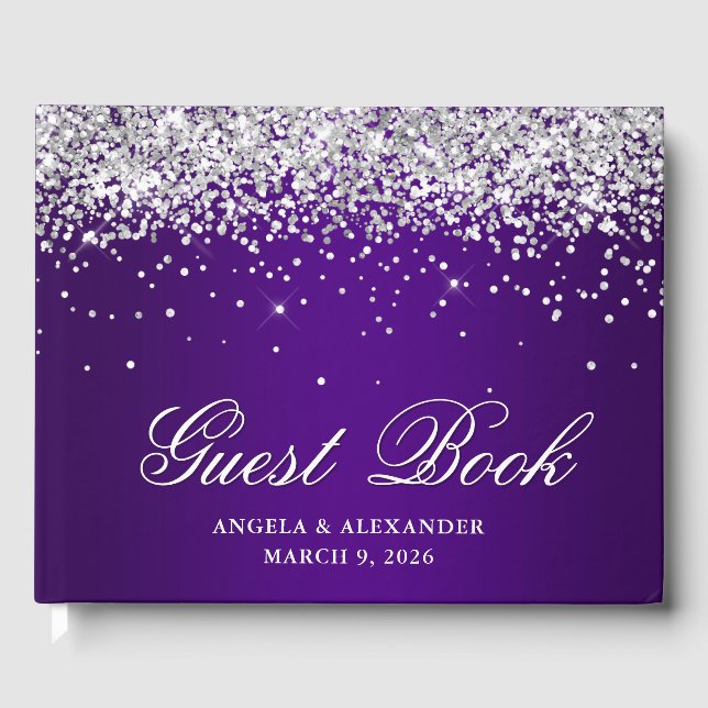 Livro De Visitas Casamento Falso Gradiente Roxo Índigo Brilho Prata (Frente)