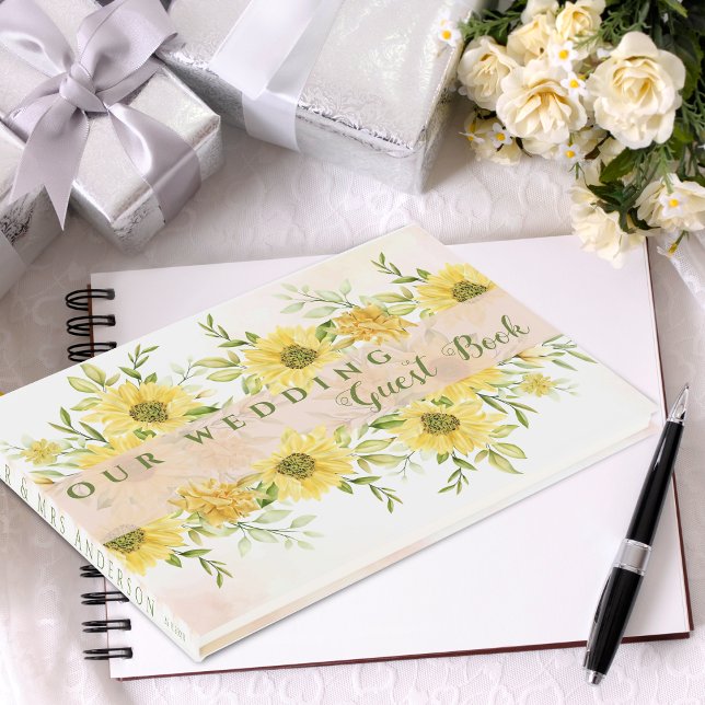 Livro De Visitas Casamento floral Amarelo de girassol Elegante (Elegant Watercolor Yellow Sunflower floral Wedding Guest Book)