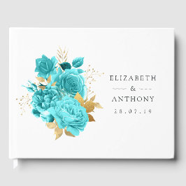Livro De Visitas Casamento Floral Aqua e Dourado