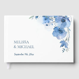 Livro De Visitas Casamento Floral Artístico em Aquarela Azul