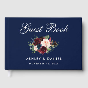 Livro De Visitas Casamento floral azul de Borgonha da aguarela