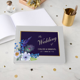 Livro De Visitas Casamento Floral Azul de Quadro Dourado