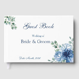 Livro De Visitas Casamento Floral Azul Empoeirado Aquarela Branco
