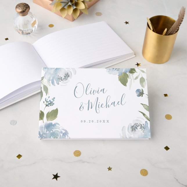 Livro De Visitas Casamento floral azul empoeirado de jardim românti (Frente aberta)