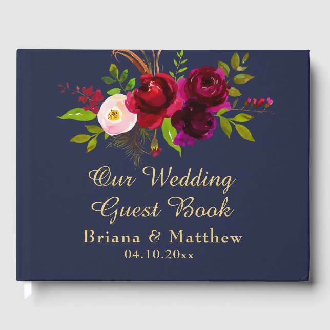 Livro De Visitas Casamento Floral Azul Marinho Borgonha (Frente)