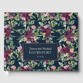 Livro De Visitas Casamento Floral Azul Marinho Borgonha Rosa Choque