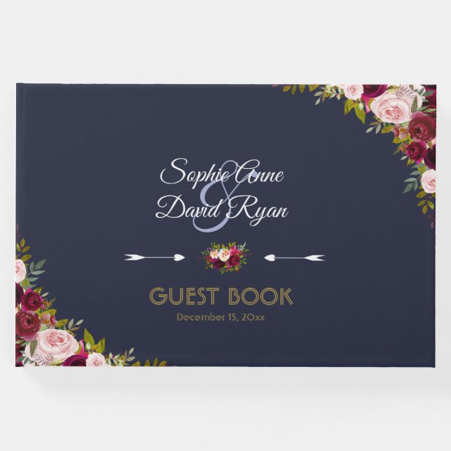 Livro De Visitas Casamento Floral Azul-Marinho da Borgonha Elegante (Frente)