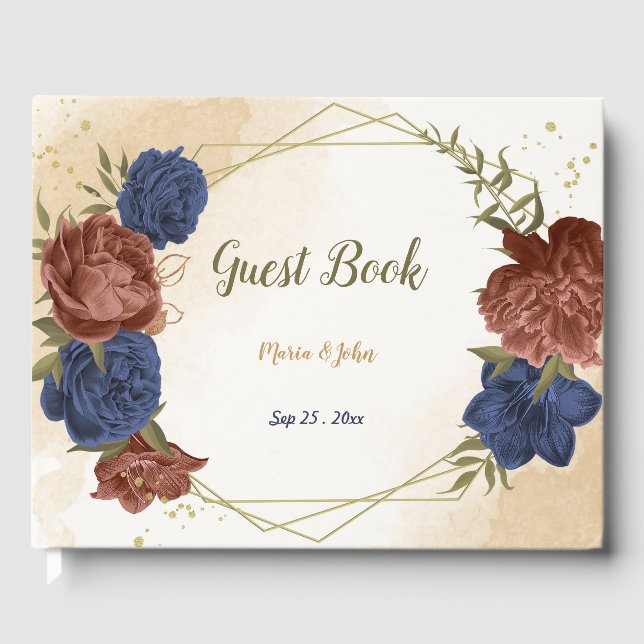 Livro De Visitas casamento floral azul-marinho de terracotta (Frente)