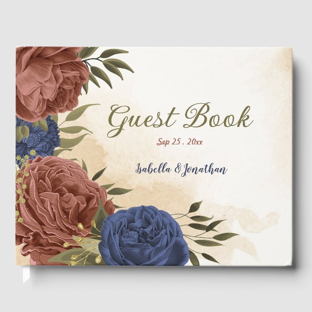 Livro De Visitas casamento floral azul-marinho de terracotta (Frente)